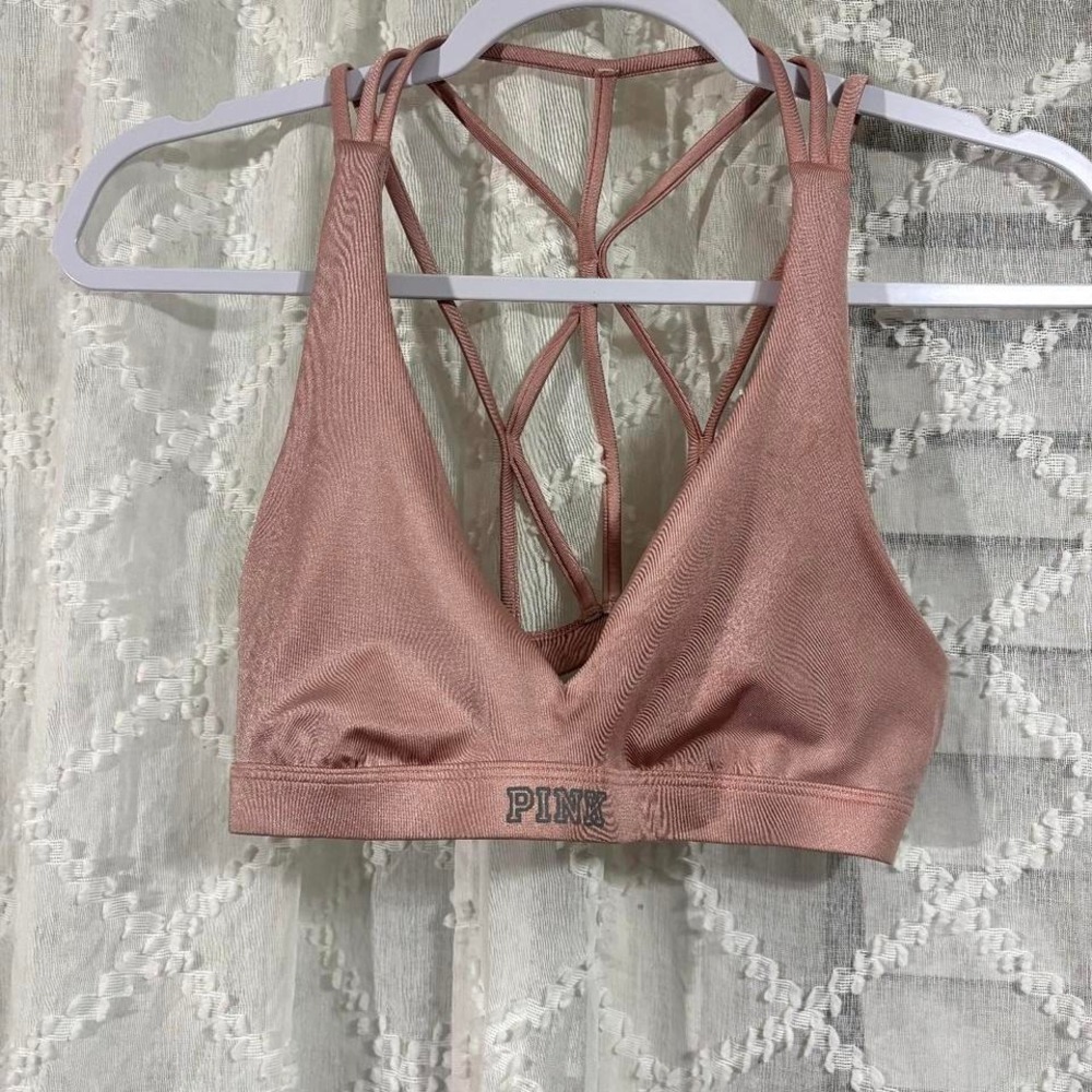 Victorias Secret PINK Ultimate Sports Bra Metallic Rose Gold Strappy Cage Back S